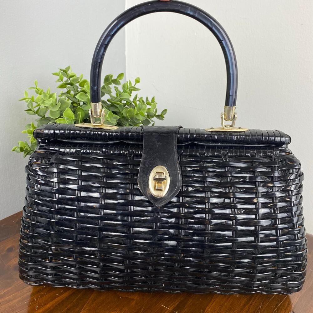 Vintage 1960s Black Vinyl Basketweave & Wood Frame Box Handbag